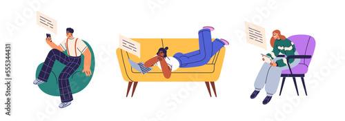 People online with computers, phones set. Characters reading messages, information. Men, women during chatting, internet communication. Flat vector illustrations isolated on white background
