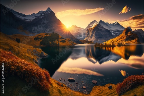 Fantastic evening panorama of Bachalp lake / Bachalpsee, Switzerland. Picturesque autumn sunset in Swiss alps, Grindelwald, Bernese Oberland, Europe. Beauty of nature concept background. Generative AI