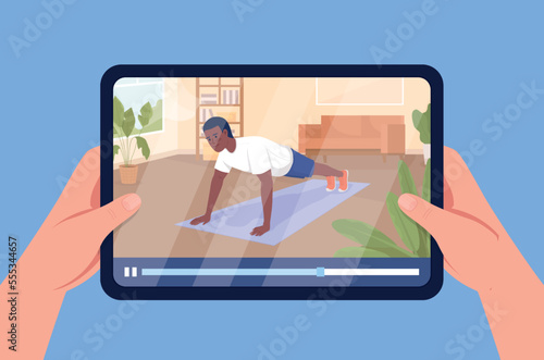 Workout online program semi flat color vector first view hand. Editable figure. Full body person on blue. Push up simple cartoon style illustration for web graphic design and animation