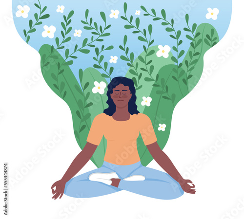 Woman in lotus position flat concept vector illustration. Inner peace. Self care. Editable 2D cartoon character on white for web design. Yoga creative idea for website, mobile, presentation