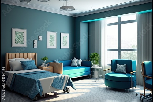 images of hospital patients room with adjustable beds  blue sofas. Spacious rooms. Generative AI
