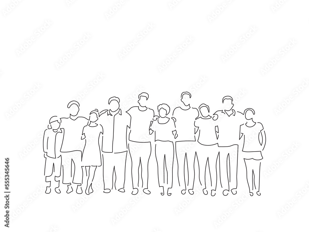 Group of people joined in line art drawing style. Composition of casual people. Black linear sketch isolated on white background. Vector illustration design. Group of people joined in line art drawing style. Composition of casual people. Black linear sketch isolated on white background. Vector illustration design.