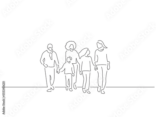 Family walking in line art drawing style. Composition of casual people. Black linear sketch isolated on white background. Vector illustration design.