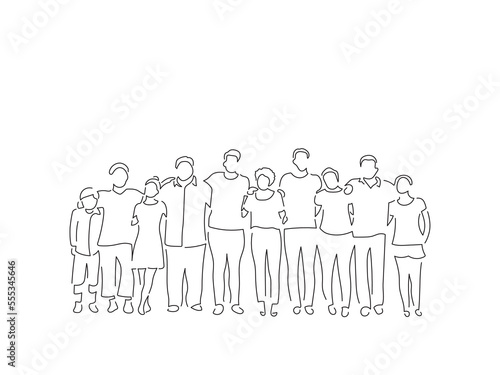 Group of people joined in line art drawing style. Composition of casual people. Black linear sketch isolated on white background. Vector illustration design.