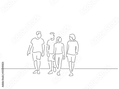 Group of people walking in line art drawing style. Composition of casual people. Black linear sketch isolated on white background. Vector illustration design.