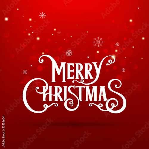 Merry Christmas text on red Xmas background with glitter  bokeh and snoflakes. Holiday card. Vector Illustration