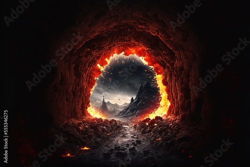 Beautiful raster graphic of a tunnel heated by magma and a volcanic explosion; a doorway to the underworld, a deep prison, and the throne of hell. Generative AI