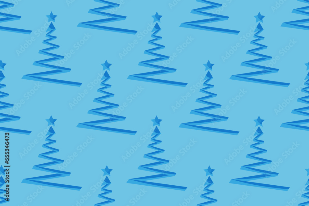 Obraz premium Seamless pattern with creative geometric christmas tree on blue background with star. Christmas wallpaper or bed linen print. Marketing material. Website banner concept.