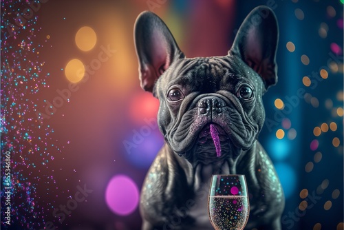 A new year party with a French Bulldog is drinking champagne in a defocus RGB lighting bar. Bulldog in a new year party.