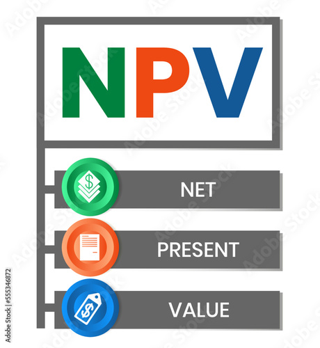 NPV - net present value. acronym business concept. vector illustration concept with keywords and icons. lettering illustration with icons for web banner, flyer, landing page, presentation photo