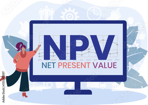 NPV - net present value. acronym business concept. vector illustration concept with keywords and icons. lettering illustration with icons for web banner, flyer, landing page, presentation