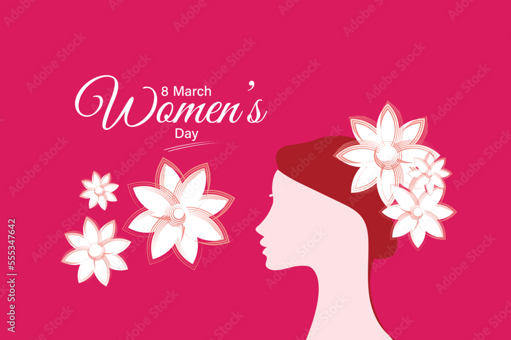 Happy women's day greeting card illustration vector design with a young pretty woman silhouette and line art.