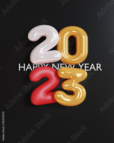 3d rendering. gold text number 2023 and white balloons composition on black background. design for happy new year background.