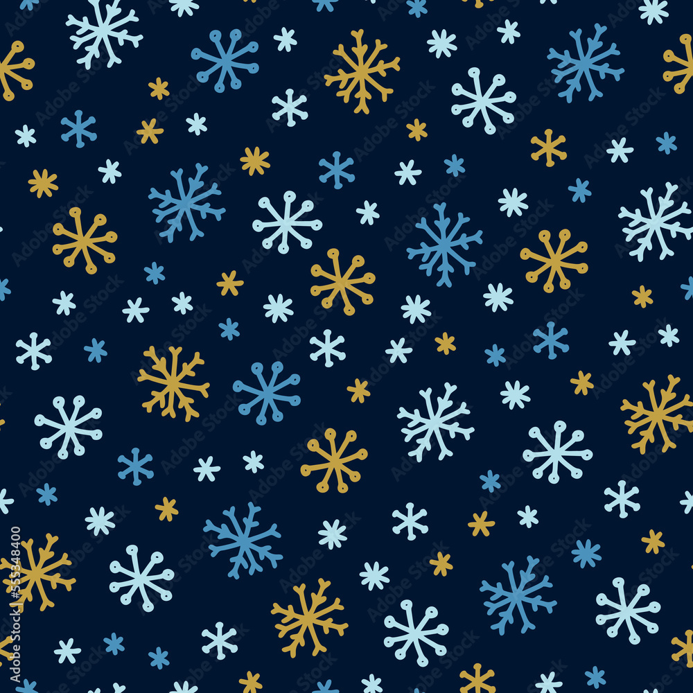 Square seamless pattern with snowflakes on a dark blue background in hand drawn style. Square seamless pattern with snowflakes on a dark blue background in hand drawn style.