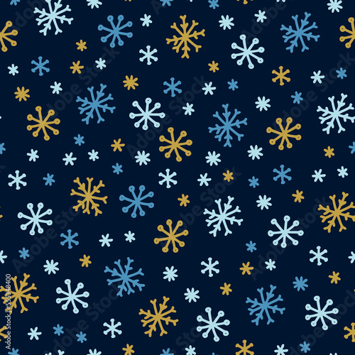 Square seamless pattern with snowflakes on a dark blue background in hand drawn style.