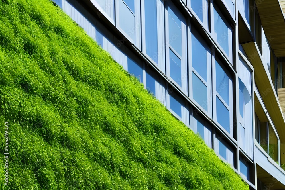 Green building, organic structure. Ecological settlements - Generative AI - obrazy, fototapety, plakaty 