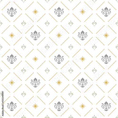 Seamless pattern. Modern geometric ornament with silver royal lilies. Classic vintage background