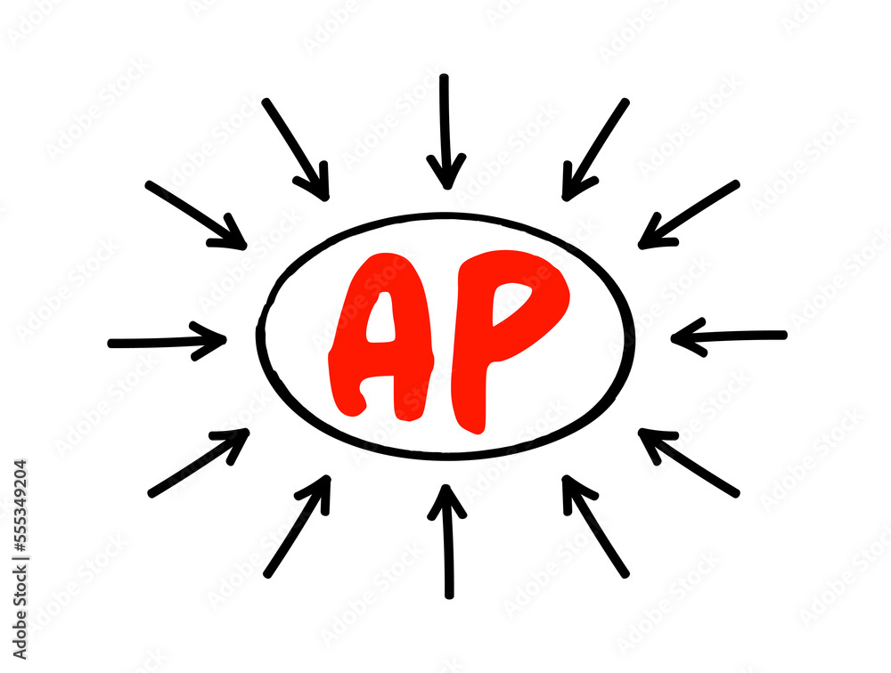 AP - Accounts Payable is money owed by a business to its suppliers shown as a liability on a company's balance sheet, acronym text concept with arrows AP - Accounts Payable is money owed by a business to its suppliers shown as a liability on a company's balance sheet, acronym text concept with arrows