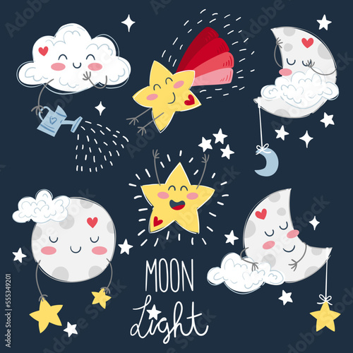 Illustration of the moon in different phases, a comet, a star and a cloud, on a starry night