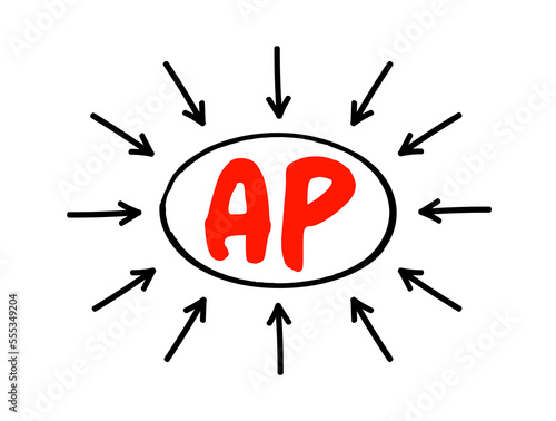 AP - Accounts Payable is money owed by a business to its suppliers shown as a liability on a company's balance sheet, acronym text concept with arrows
