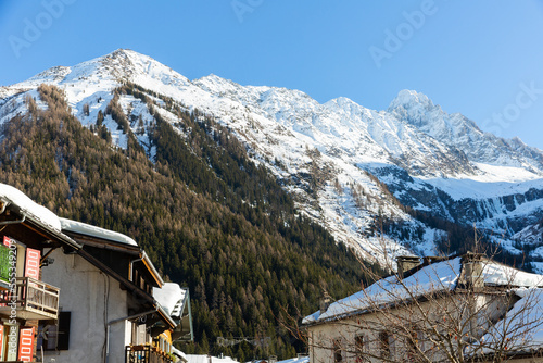 Snowy winter in Argentiere Chamonix Mont Blanc, beautiful mountain ski resort in Alps