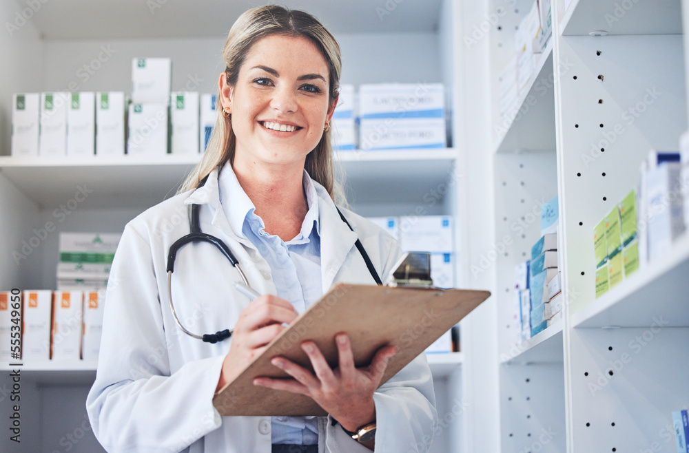 Doctor, pharmacy checklist and employee portrait in pharmaceutical clinic, medical supply store