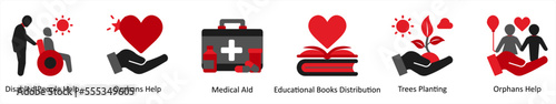 Six Medical icons in red and black as disabled people help, orphans help, medical aid
