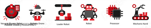 vacuum cleaner robot, delivery drone, loader robot