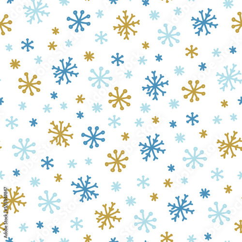 Square seamless pattern with snowflakes on a white background in hand drawn style.