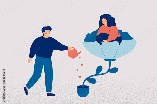 Couple in love. Man watering and growing a flower in which a happy woman sits.Young family is in romantic relationship. Concern for others and support concept.  etor illustration for Valentine's day