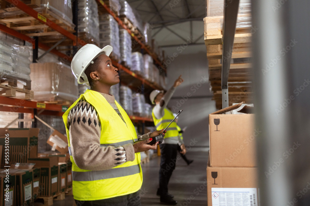 An African-American woman is working in a distribution warehouse taking inventory and moving packages. She is scanning the boxes with a barcode reader. An African-American woman is working in a distribution warehouse taking inventory and moving packages. She is scanning the boxes with a barcode reader.