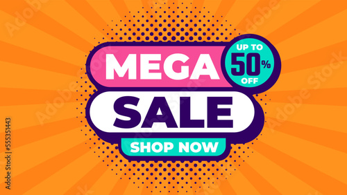 Mega sale banner design with flat retro style, trendy colorful background for media promotion social media post and web banner