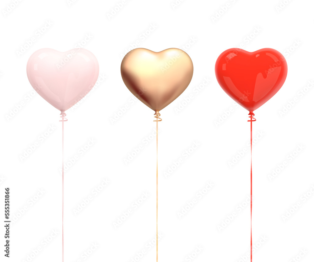 Heart Balloons Set. Gold, Red, Pink. 3d realistic colorful balloon heart with ribbon isolated on white background. Valentine's Day, Wedding, Birthday, Anniversary, Mother's Day decorations. 3D vector