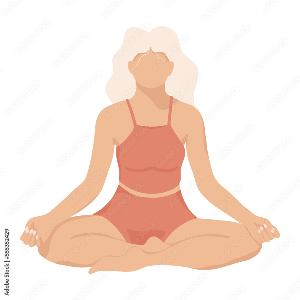 Woman in lotus position doing yoga. The girl is meditating. Vector illustration isolated on white background. Flat style. Woman in lotus position doing yoga. The girl is meditating. Vector illustration isolated on white background. Flat style.