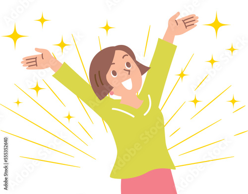 両手を広げて喜ぶ若い女性
