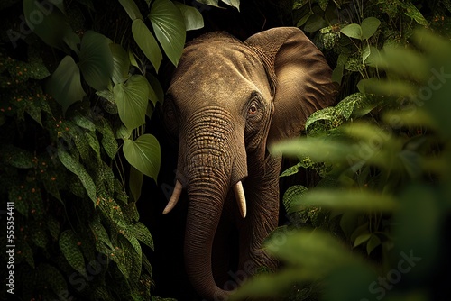 Photorealistic portrait of the elephant hiding in the jungle foliage. Generative art photo