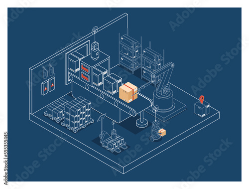 3D isometric automated warehouse robots and Smart warehouse technology Concept with Warehouse Automation System and Robot Transportation operation service. Vector illustration EPS 10