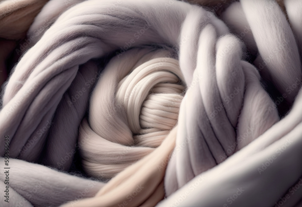 Soft close-up, winter cocooning in warm wool, warm wellness feeling, winter colors, beautiful yarns, wool yarns, cocooning, felting wool, knitting wool, felting, illustration, generated art, ai - obrazy, fototapety, plakaty 