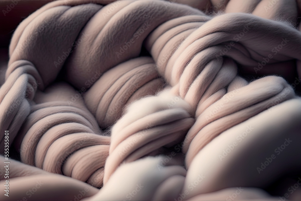 Obraz premium Soft close-up, winter cocooning in warm wool, warm wellness feeling, winter colors, beautiful yarns, wool yarns, cocooning, felting wool, knitting wool, felting, illustration, generated art, ai