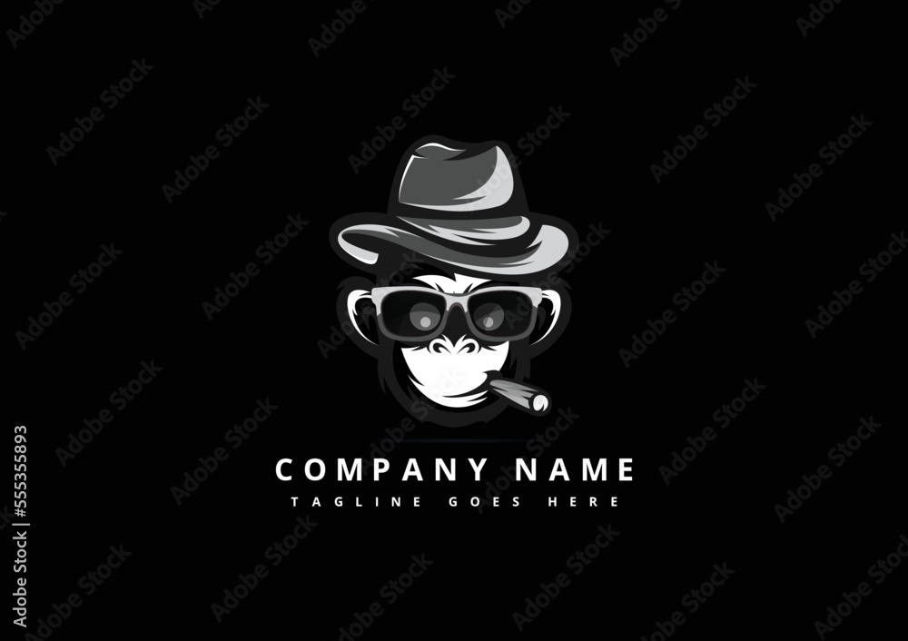 Obraz premium Cool monkey with glasses and headphones. Vector art. Monkey design. Black background.