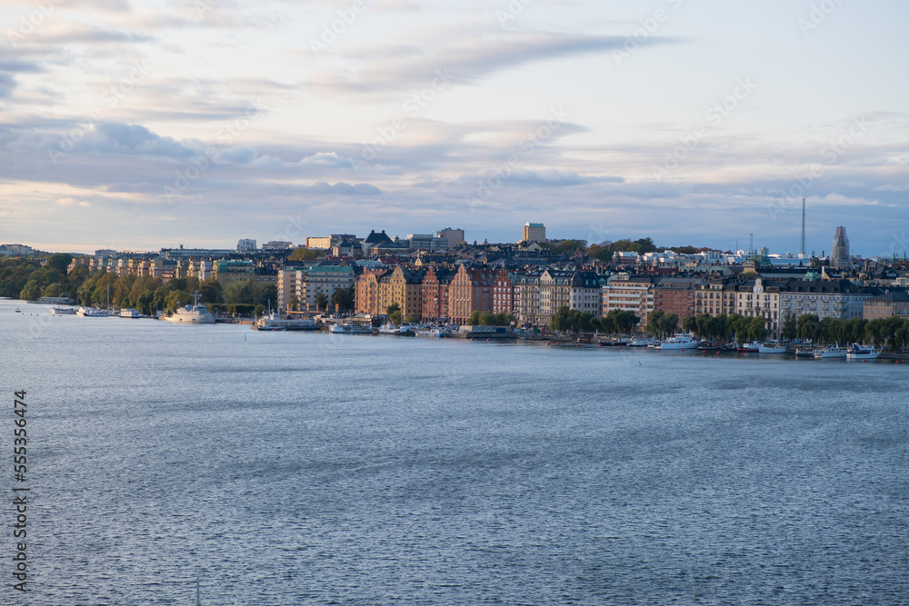 A bit closer shot of colorful houses near Lake Mälaren in Stockholm, Sweden