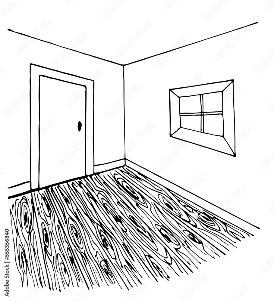Simple hand drawn black outline vector illustration. Empty room, white ...