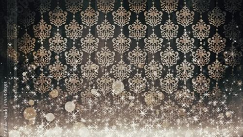 カラフルな模様の入った背景にキラキラしたパーティクルが上昇する映像