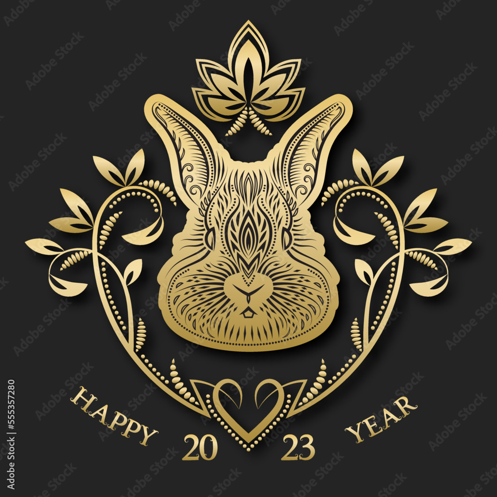 Happy 2023 Year golden black greeting card with Chinese symbol rabbit head in vintage wreath.