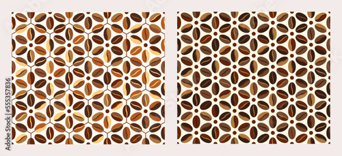 Set of seamless geometric patterns from coffee beans in hexagonal grid. Retro simple style. Organic background. Vector illustration