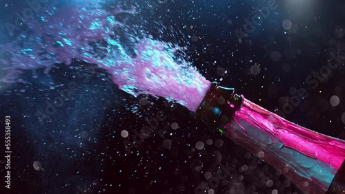 Super slow motion of Champagne explosion with glittering particles. Filmed on high speed cinema camera, 1000fps. photo