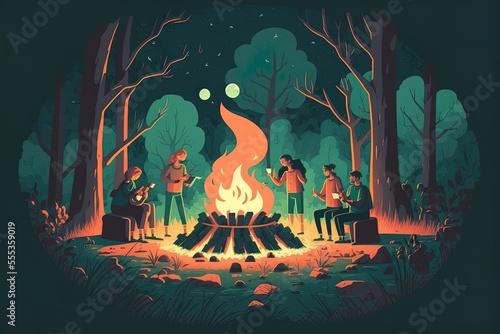 At the campfire, everyone is laughing while recounting terrifying tales. A group of people sharing a campfire at night during the summer is illustrated here in flat form. Generative AI