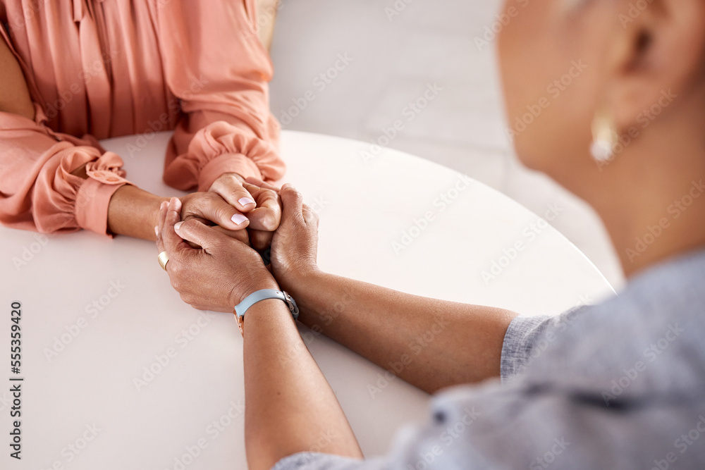 Hands, women and holding closeup in support of comfort, empathy and unity in crisis, cancer or bad news. Hand, zoom and friends holding hands for hope, trust and prayer for girl suffering depression
