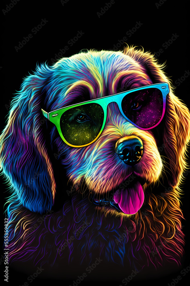 colorful Synthwave style dog with sunglasses, dark black background, digital illustration ai art style