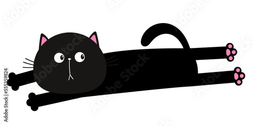 Lying cat. Cartoon baby pet character. Long body. Cute kawaii chilling black kitten head face. Happy Halloween. Greeting card print. Flat design. Isolated. White background.